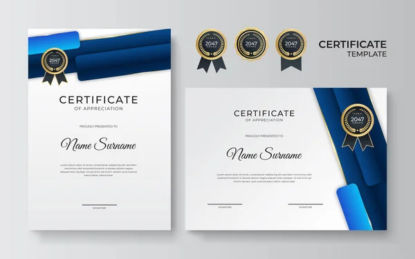 Modern Plat Blauw Goud Certificaat Ontwerp Template — Stockvector