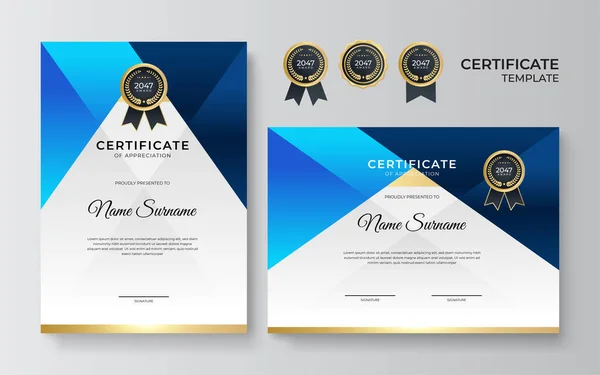 Moderní Gradient Modro Zlatý Certifikát Design Šablony — Stockový vektor