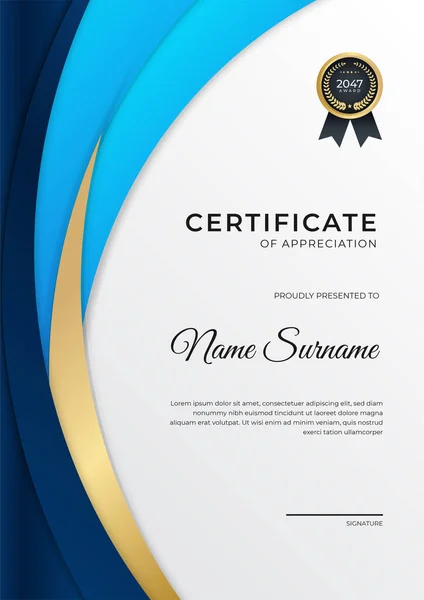 Plantilla Profesional Diseño Certificado Oro Azul — Archivo Imágenes Vectoriales
