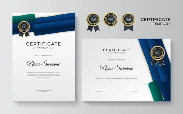 Modern Plat Blauw Groen Goud Certificaat Ontwerp Template — Stockvector