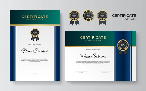 Moderne Werknemer Blauw Groen Goud Certificaat Ontwerp Template — Stockvector