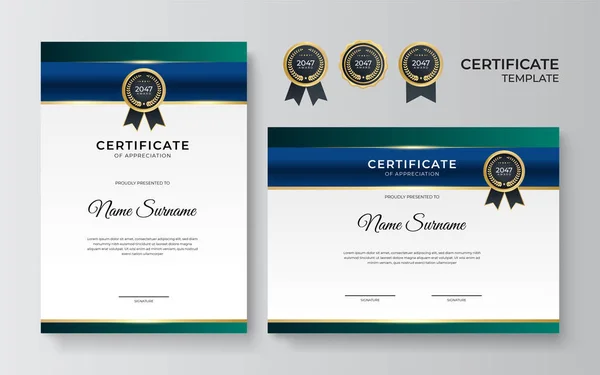 Moderno Empregado Azul Verde Ouro Certificado Modelo Design —  Vetores de Stock