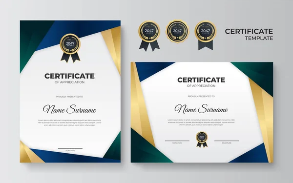 Moderno Gradiente Azul Verde Ouro Certificado Modelo Design —  Vetores de Stock