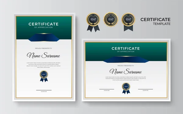 Szakmai Blue Green Gold Certificate Design Sablon — Stock Vector