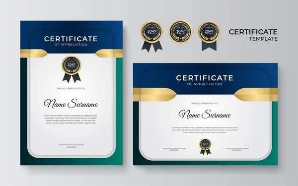 Elegante Gradiente Azul Verde Ouro Certificado Modelo Design —  Vetores de Stock