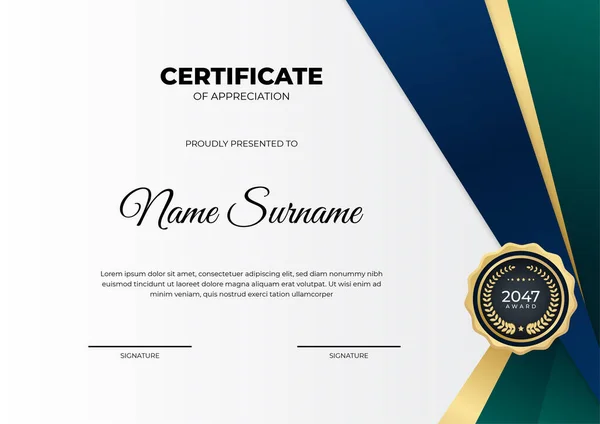 Professioneel Blauw Groen Goud Certificaat Ontwerp Template — Stockvector