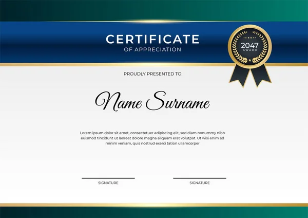 Moderne Werknemer Blauw Groen Goud Certificaat Ontwerp Template — Stockvector