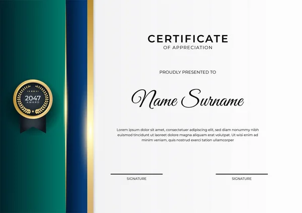 Elegantní Gradient Modrá Zelená Zlatá Certifikátu Design Šablony — Stockový vektor