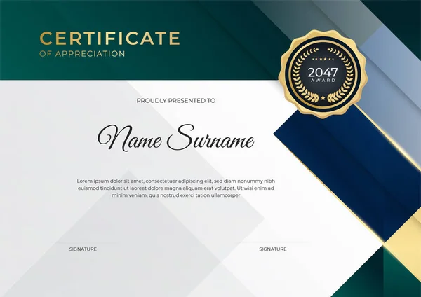 Elegant Gradient Blue Green Gold Certificate Design Template — Stock Vector