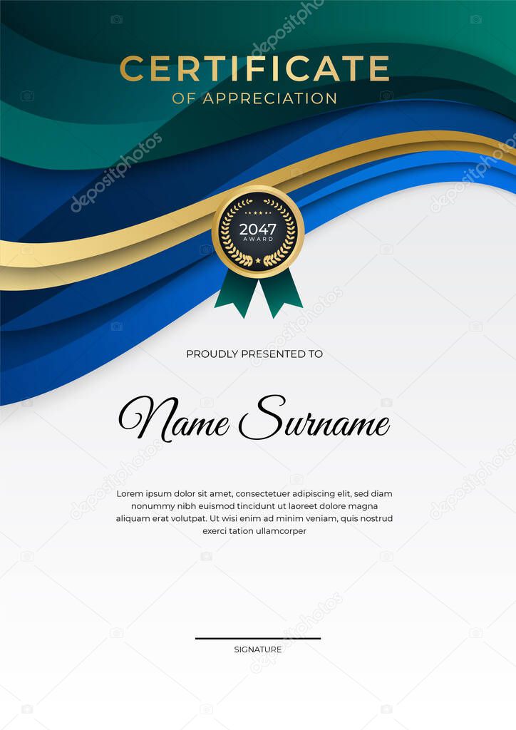Modern gradient bblue green gold certificate design Template