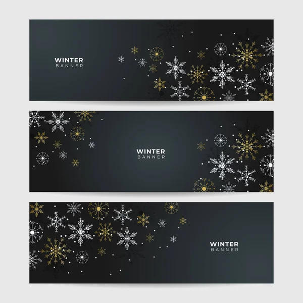 Elegante Inverno Preto Snowflake Design Modelo Banner — Vetor de Stock