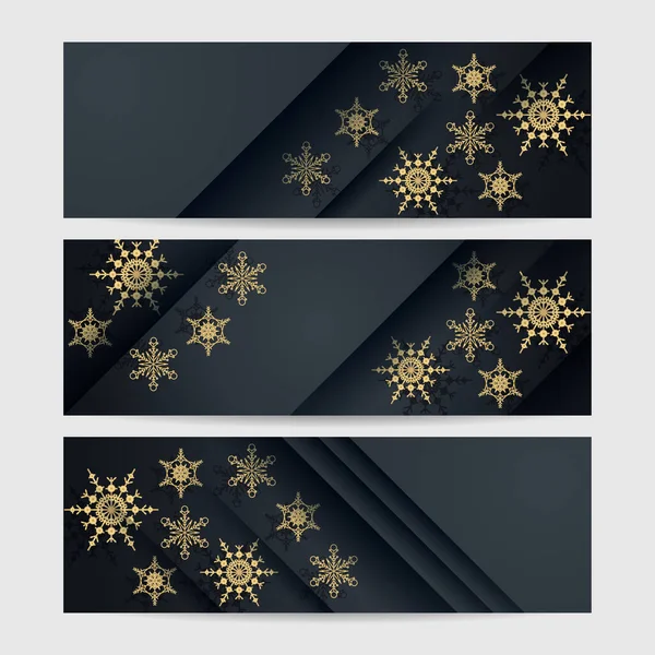 Elegante Banner Modello Design Fiocco Neve Oro Nero Invernale — Vettoriale Stock