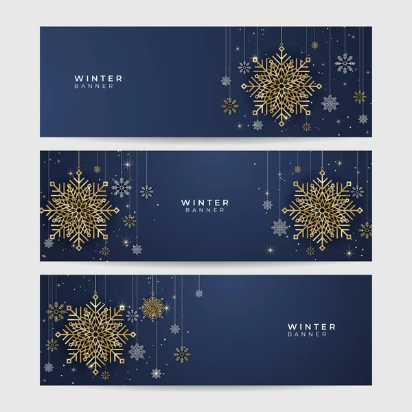 Pendurado Inverno Azul Ouro Snowflake Design Banner Modelo — Vetor de Stock