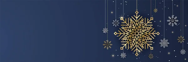 Colgante Invierno Oro Azul Copo Nieve Plantilla Diseño Banner — Vector de stock