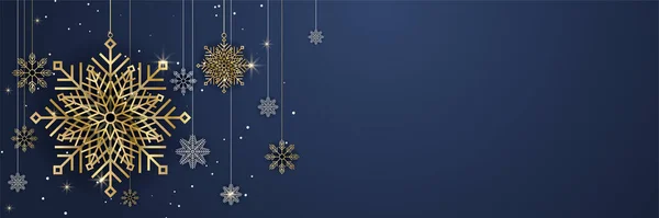 Opknoping Winter Blauw Goud Sneeuwvlok Ontwerp Sjabloon Banner — Stockvector