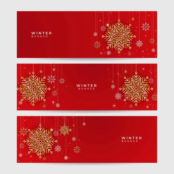 Colgante Invierno Oro Rojo Copo Nieve Plantilla Diseño Banner — Vector de stock