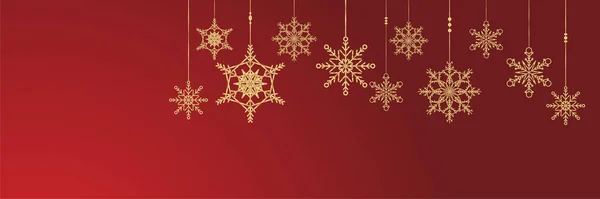 Elegante Opknoping Winter Rood Goud Sneeuwvlok Ontwerp Sjabloon Banner — Stockvector