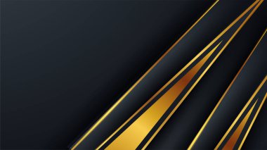 Soyut geometrik 3d şekilli siyah altın arkaplan sunum tasarımı için üst üste dizayn vektörü, teknik pankart