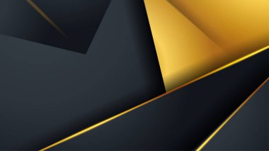 Soyut geometrik 3d şekilli siyah altın arkaplan sunum tasarımı için üst üste dizayn vektörü, teknik pankart
