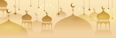 Hilal desenli ay yıldızı cami feneriyle İslami Ramazan Kareem afişi. Vektör çizimi. Ramadhan sarı altın sarısı renkli geniş pankart tasarımı arka plan