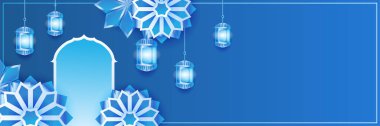 Hilal desenli ay yıldızı cami feneriyle İslami Ramazan Kareem afişi. Vektör çizimi. Ramadhan mavi renkli geniş pankart tasarım arka planı