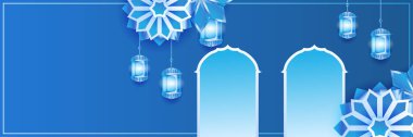 Hilal desenli ay yıldızı cami feneriyle İslami Ramazan Kareem afişi. Vektör çizimi. Ramadhan mavi renkli geniş pankart tasarım arka planı