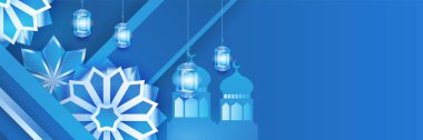 Hilal desenli ay yıldızı cami feneriyle İslami Ramazan Kareem afişi. Vektör çizimi. Ramadhan mavi renkli geniş pankart tasarım arka planı