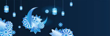 Hilal desenli ay yıldızı cami feneriyle İslami Ramazan Kareem afişi. Vektör çizimi. Ramadhan mavi renkli geniş pankart tasarım arka planı
