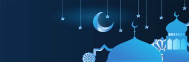 Hilal desenli ay yıldızı cami feneriyle İslami Ramazan Kareem afişi. Vektör çizimi. Ramadhan mavi renkli geniş pankart tasarım arka planı