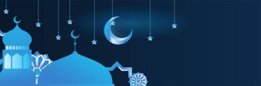 Hilal desenli ay yıldızı cami feneriyle İslami Ramazan Kareem afişi. Vektör çizimi. Ramadhan mavi renkli geniş pankart tasarım arka planı