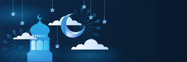 Hilal desenli ay yıldızı cami feneriyle İslami Ramazan Kareem afişi. Vektör çizimi. Ramadhan mavi renkli geniş pankart tasarım arka planı