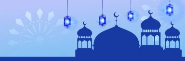 Hilal desenli ay yıldızı cami feneriyle İslami Ramazan Kareem afişi. Vektör çizimi. Ramadhan renkli geniş pankart tasarımı arkaplanı