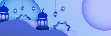 Hilal desenli ay yıldızı cami feneriyle İslami Ramazan Kareem afişi. Vektör çizimi. Ramadhan renkli geniş pankart tasarımı arkaplanı