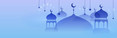 Hilal desenli ay yıldızı cami feneriyle İslami Ramazan Kareem afişi. Vektör çizimi. Ramadhan renkli geniş pankart tasarımı arkaplanı