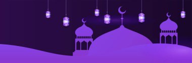 Hilal desenli ay yıldızı cami feneriyle İslami Ramazan Kareem afişi. Vektör çizimi. Ramadhan renkli geniş pankart tasarımı arkaplanı