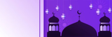 Hilal desenli ay yıldızı cami feneriyle İslami Ramazan Kareem afişi. Vektör çizimi. Ramadhan renkli geniş pankart tasarımı arkaplanı