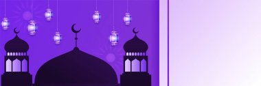 Hilal desenli ay yıldızı cami feneriyle İslami Ramazan Kareem afişi. Vektör çizimi. Ramadhan renkli geniş pankart tasarımı arkaplanı
