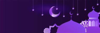 Hilal desenli ay yıldızı cami feneriyle İslami Ramazan Kareem afişi. Vektör çizimi. Ramadhan renkli geniş pankart tasarımı arkaplanı