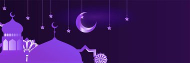 Hilal desenli ay yıldızı cami feneriyle İslami Ramazan Kareem afişi. Vektör çizimi. Ramadhan renkli geniş pankart tasarımı arkaplanı