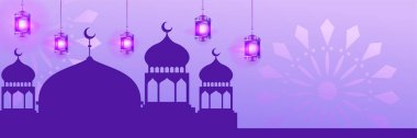 Hilal desenli ay yıldızı cami feneriyle İslami Ramazan Kareem afişi. Vektör çizimi. Ramadhan renkli geniş pankart tasarımı arkaplanı