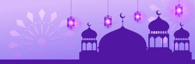 Hilal desenli ay yıldızı cami feneriyle İslami Ramazan Kareem afişi. Vektör çizimi. Ramadhan renkli geniş pankart tasarımı arkaplanı