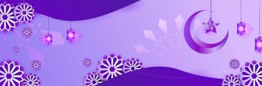 Hilal desenli ay yıldızı cami feneriyle İslami Ramazan Kareem afişi. Vektör çizimi. Ramadhan renkli geniş pankart tasarımı arkaplanı