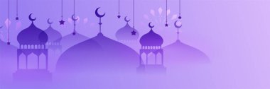 Hilal desenli ay yıldızı cami feneriyle İslami Ramazan Kareem afişi. Vektör çizimi. Ramadhan renkli geniş pankart tasarımı arkaplanı