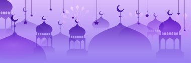 Hilal desenli ay yıldızı cami feneriyle İslami Ramazan Kareem afişi. Vektör çizimi. Ramadhan renkli geniş pankart tasarımı arkaplanı