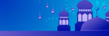 Hilal desenli ay yıldızı cami feneriyle İslami Ramazan Kareem afişi. Vektör çizimi. Ramadhan renkli geniş pankart tasarımı arkaplanı