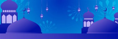 Hilal desenli ay yıldızı cami feneriyle İslami Ramazan Kareem afişi. Vektör çizimi. Ramadhan renkli geniş pankart tasarımı arkaplanı