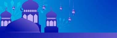 Hilal desenli ay yıldızı cami feneriyle İslami Ramazan Kareem afişi. Vektör çizimi. Ramadhan renkli geniş pankart tasarımı arkaplanı