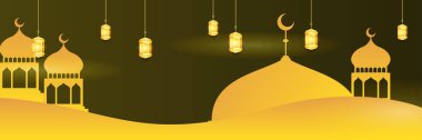 Hilal desenli ay yıldızı cami feneriyle İslami Ramazan Kareem afişi. Vektör çizimi. Ramadhan renkli geniş pankart tasarımı arkaplanı