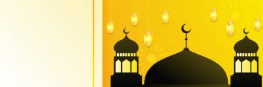 Hilal desenli ay yıldızı cami feneriyle İslami Ramazan Kareem afişi. Vektör çizimi. Ramadhan renkli geniş pankart tasarımı arkaplanı
