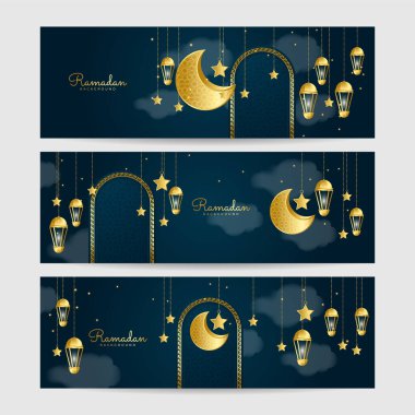 Ramadhan feneri seti koyu mavi altın renkli geniş pankart tasarımı arka plan